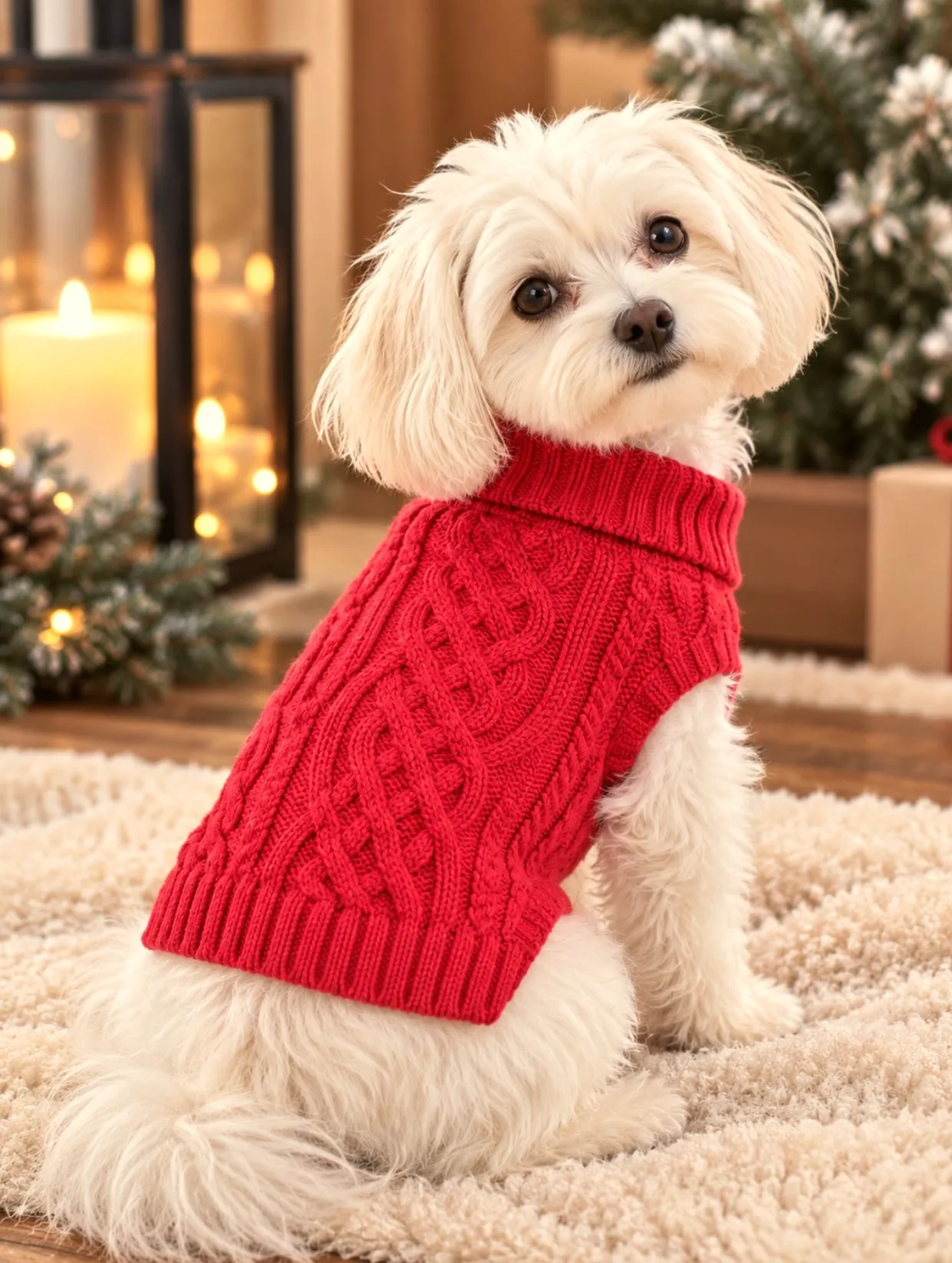 Small white dog wearing a red cable-knit sweater by candlelight