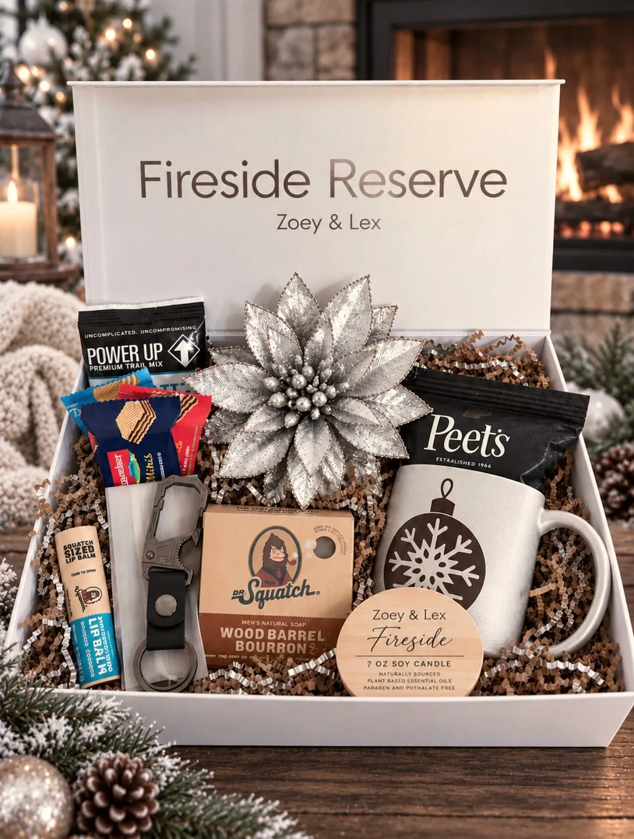 Fireside Reserve gift box open beside a glowing fireplace with a candle, mug and coffee inside