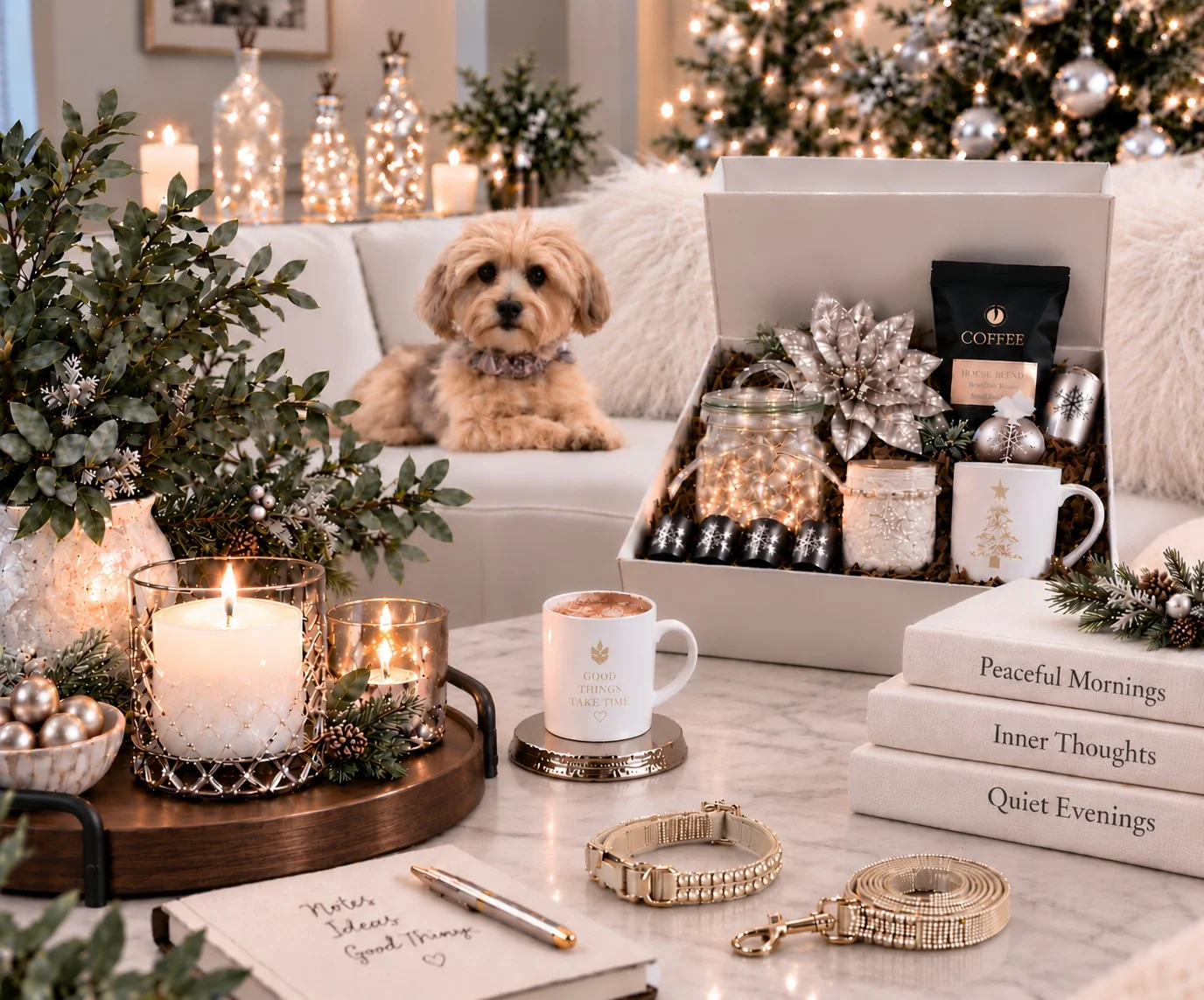 A Zoey & Lex gift box with coffee, a lighted jar and a mug in a cozy living room, with a small dog on the sofa, candles and a rhinestone collar and leash
