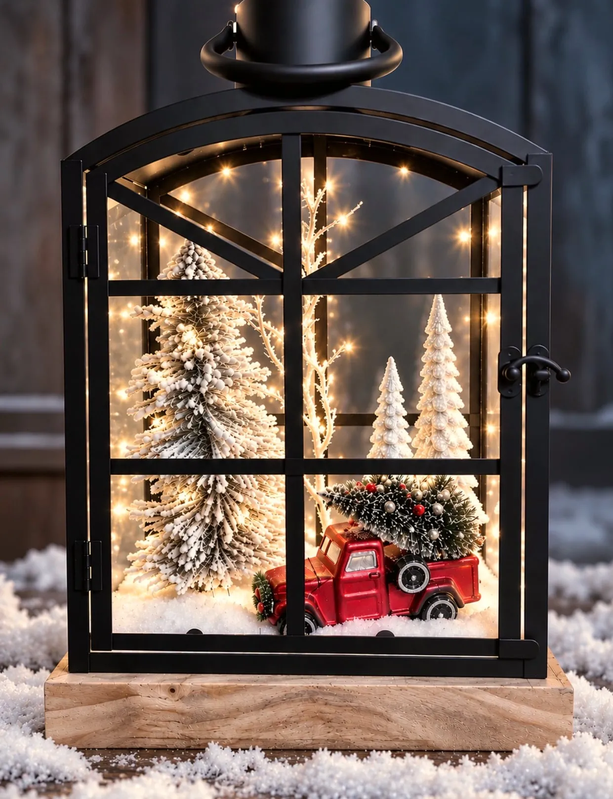 Black lantern glowing with white lights around snowy trees at dusk, a hostess gift for a holiday party