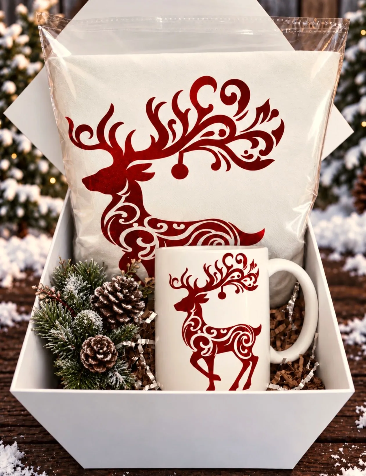 Red reindeer tote and matching mug arranged with pinecones in a white gift box