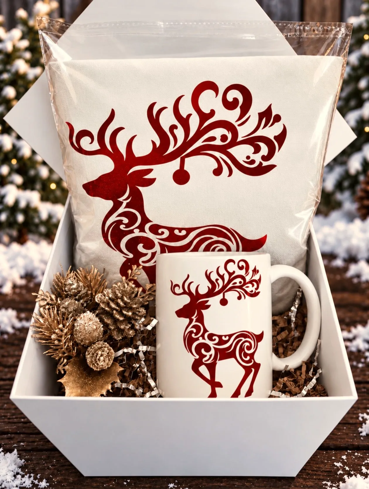 Red reindeer tote and mug presented in a white gift box with pinecones