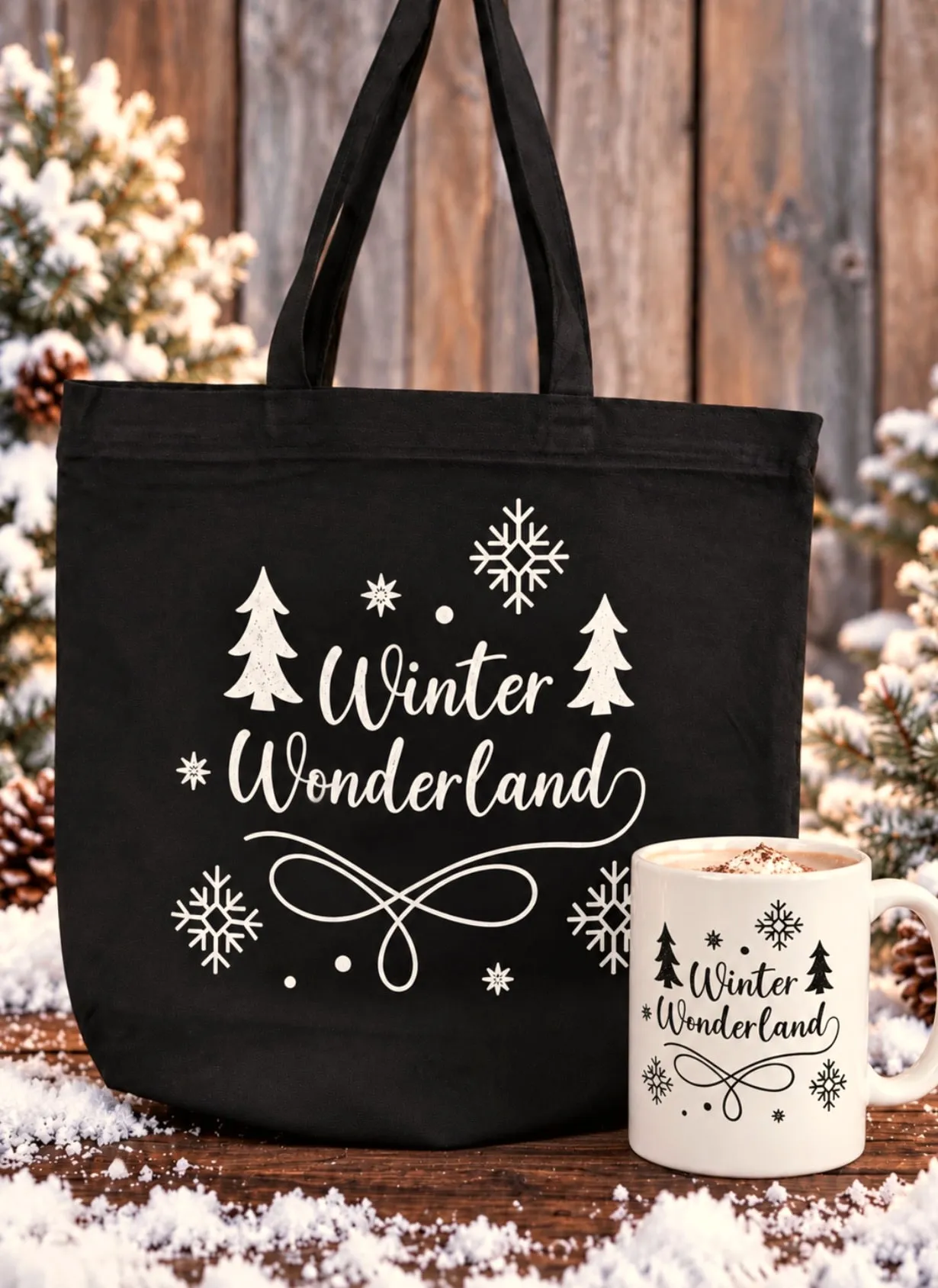 Black Winter Wonderland tote and matching mug, a Christmas gift for coworkers under $50