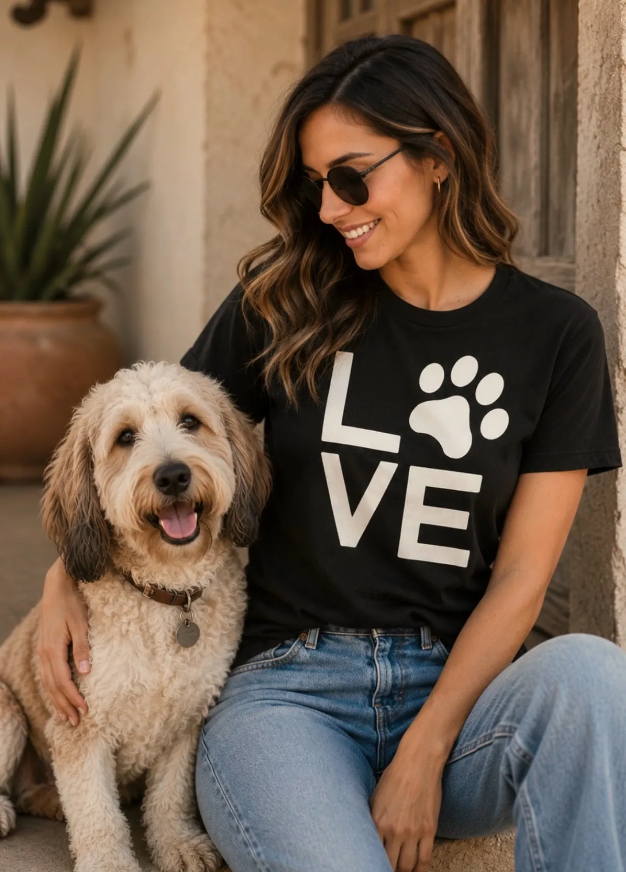 Woman in a LOVE paw T-shirt sitting with her fluffy dog, a gift for dog moms