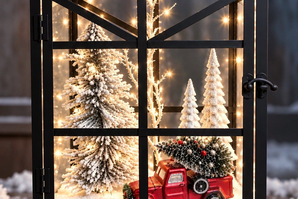 Black lantern glowing with white lights around snowy trees at dusk, a hostess gift for a holiday party