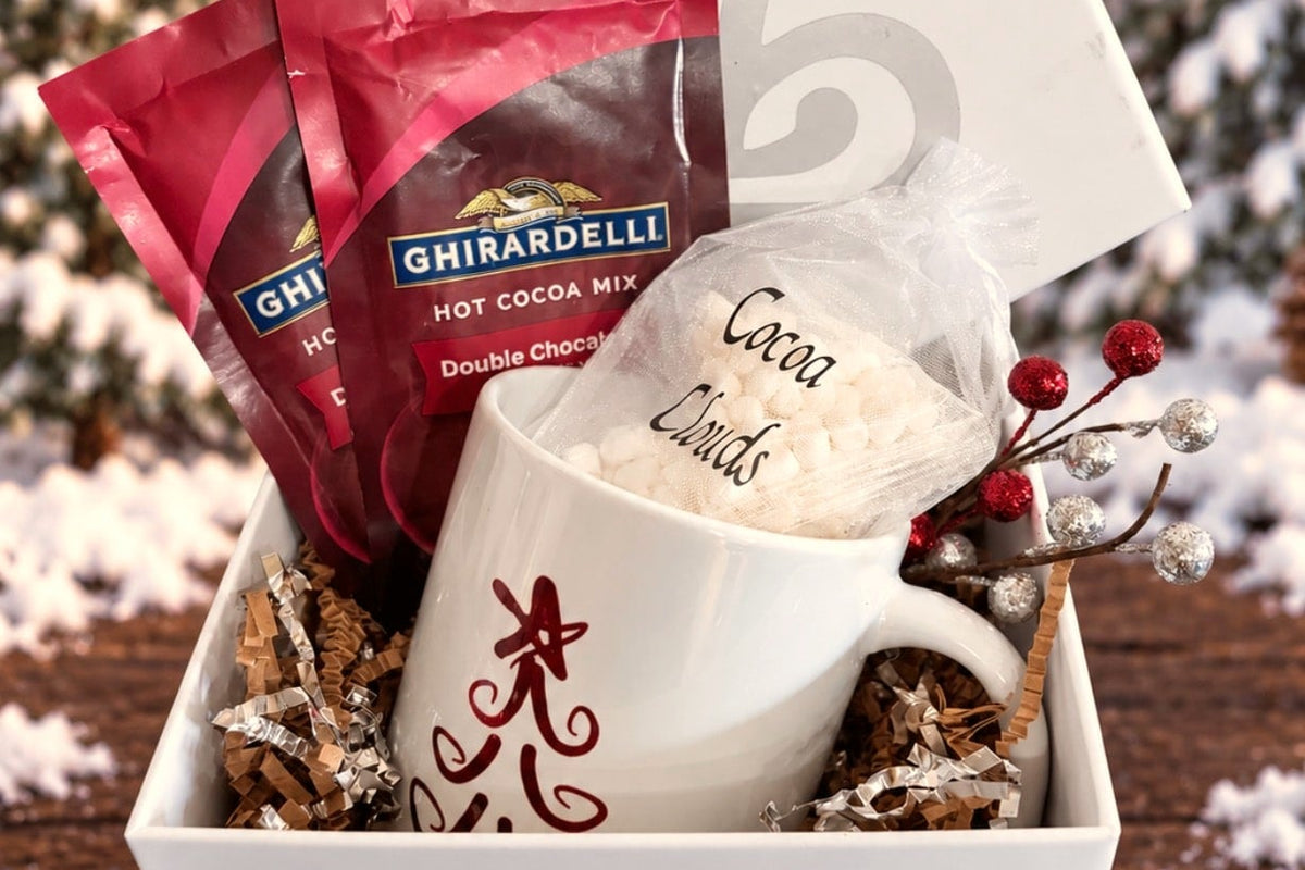 Personalized mug with Ghirardelli hot cocoa in a gift box, a Christmas gift under $50