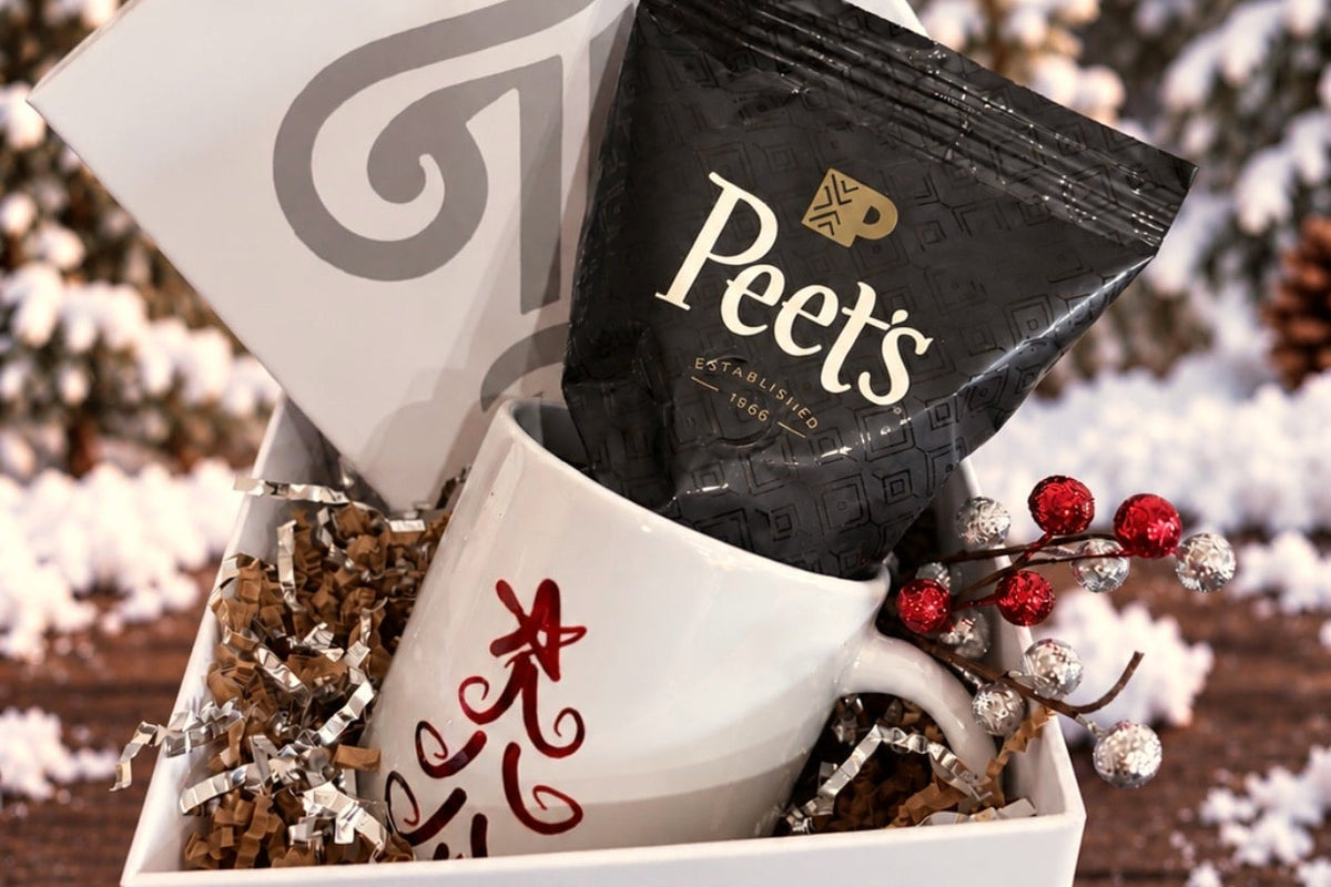 Personalized mug with Peet’s coffee in a white gift box, a simple client gift idea
