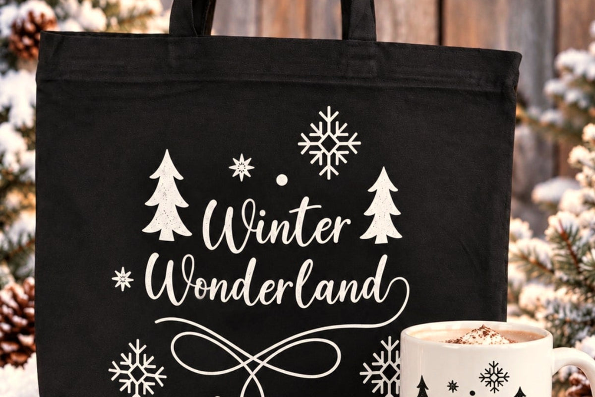 Black Winter Wonderland tote and matching mug, a Christmas gift for coworkers under $50