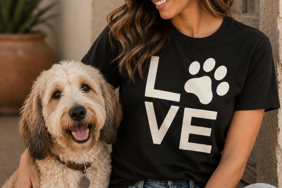 Woman in a LOVE paw T-shirt sitting with her fluffy dog, a gift for dog moms