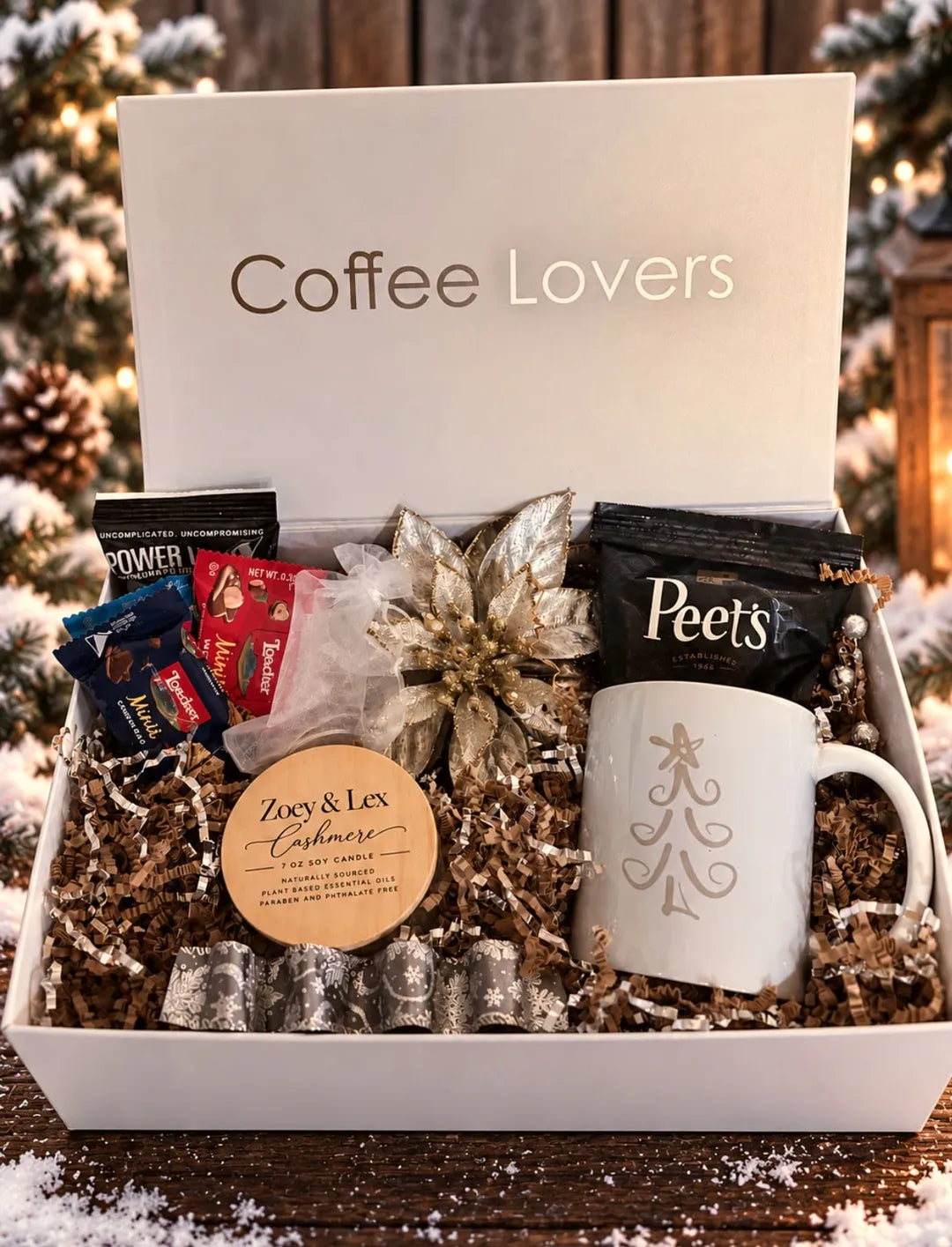 Coffee Lovers gift box with Peet’s coffee, a mug and a soy candle, a popular client gift