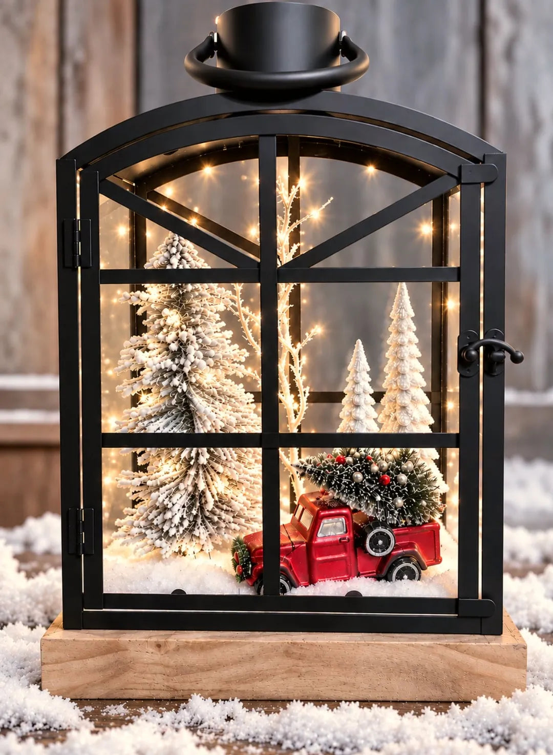 Black metal lantern glowing with white lights around snowy miniature trees
