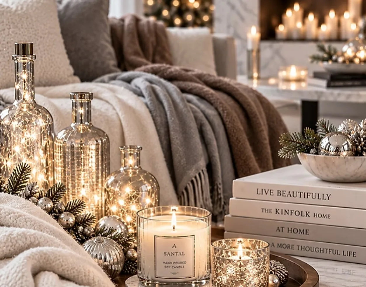 Lighted glass bottles, a hand-poured soy candle and soft throws in a living room decorated for the holidays